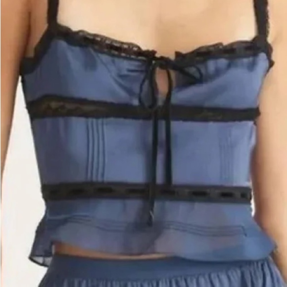 LoveShackFancy Navy and Black Lace Camisole